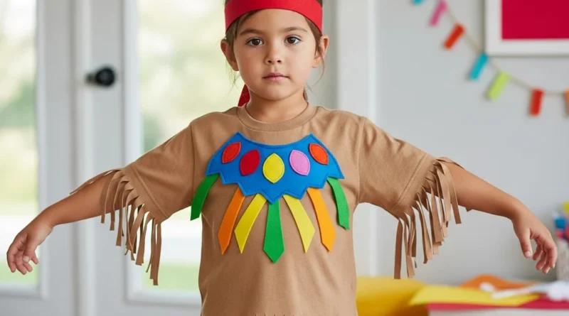 Dziecko w stroju indiańskim zrobionym ze starego t-shirtu z frędzlami, filcowymi zdobieniami i czerwoną opaską na głowie.