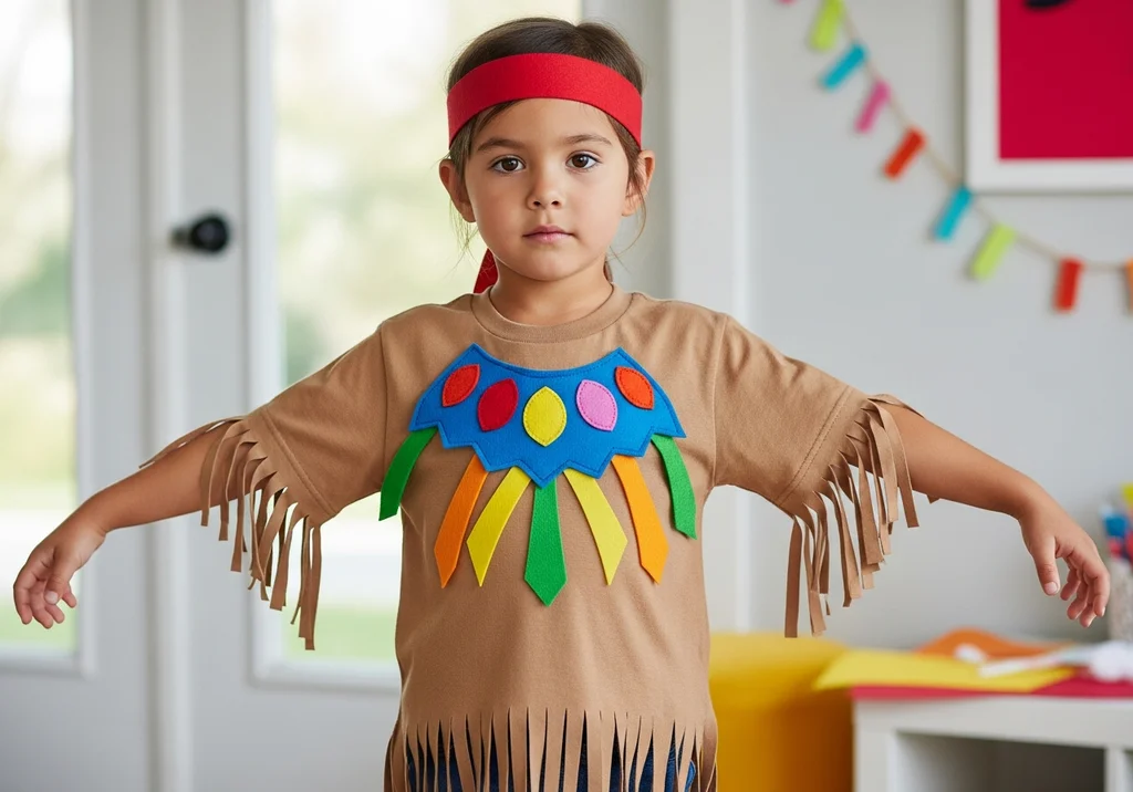 Dziecko w stroju indiańskim zrobionym ze starego t-shirtu z frędzlami, filcowymi zdobieniami i czerwoną opaską na głowie.