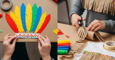 Proces przygotowywania papierowego pióropusza i frędzli do stroju indianina z wykorzystaniem kolorowego brystolu.