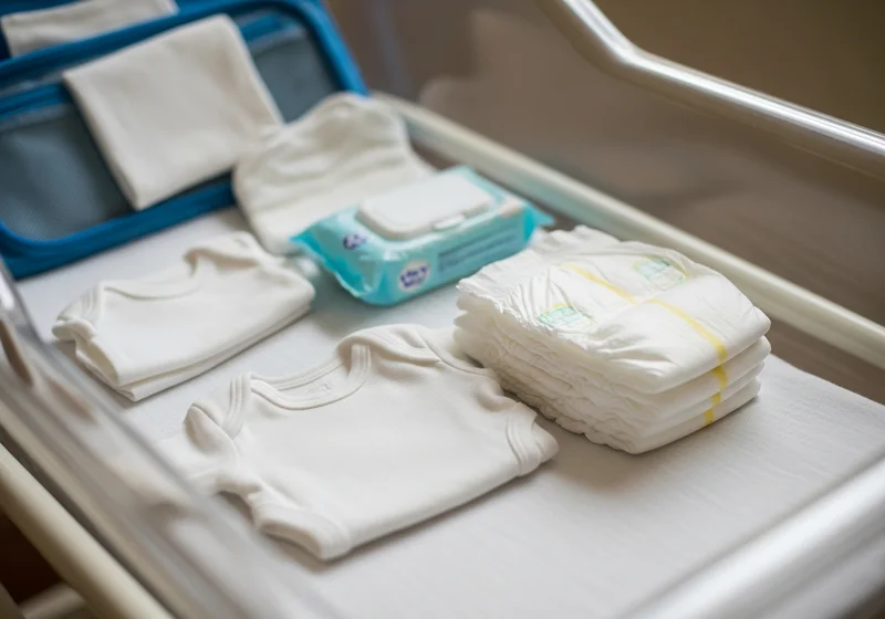 Niezbędnik noworodka: stos białych pieluszek, opakowanie nawilżanych chusteczek i czyste bawełniane body na podkładzie.