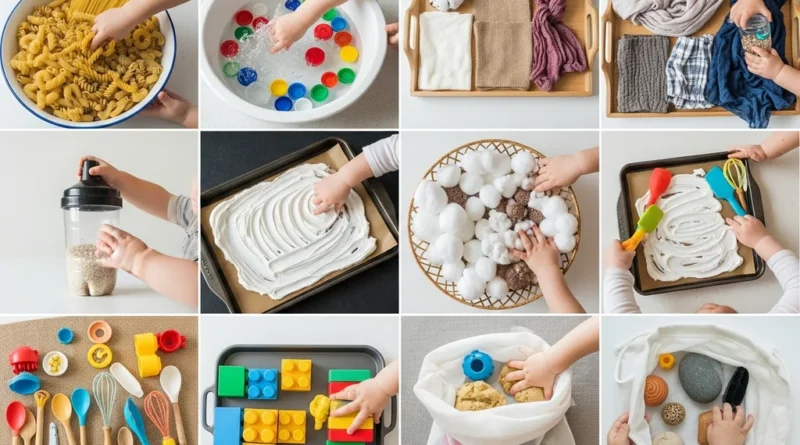 Kolaż 10 zabaw sensorycznych dla dziecka: makaron, woda z nakrętkami, tkaniny, pianka do golenia, klocki i przedmioty w worku.