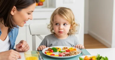 Uśmiechnięta mama patrzy na dziecko, przed którym stoi talerz z kolorowo ułożonymi, atrakcyjnie podanymi warzywami.