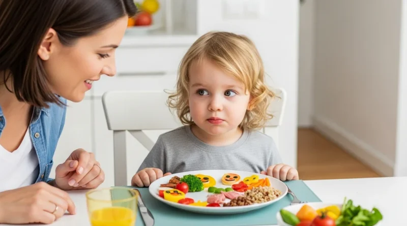 Uśmiechnięta mama patrzy na dziecko, przed którym stoi talerz z kolorowo ułożonymi, atrakcyjnie podanymi warzywami.