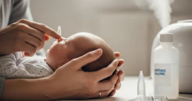 Rodzic używa roztworu soli fizjologicznej do oczyszczenia nosa niemowlęcia przy włączonym nawilżaczu powietrza.