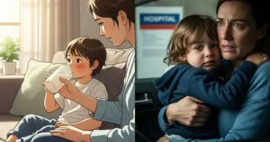 Zestawienie: mama podająca dziecku picie w domu oraz zatroskana mama z dzieckiem w samochodzie przed szpitalem.