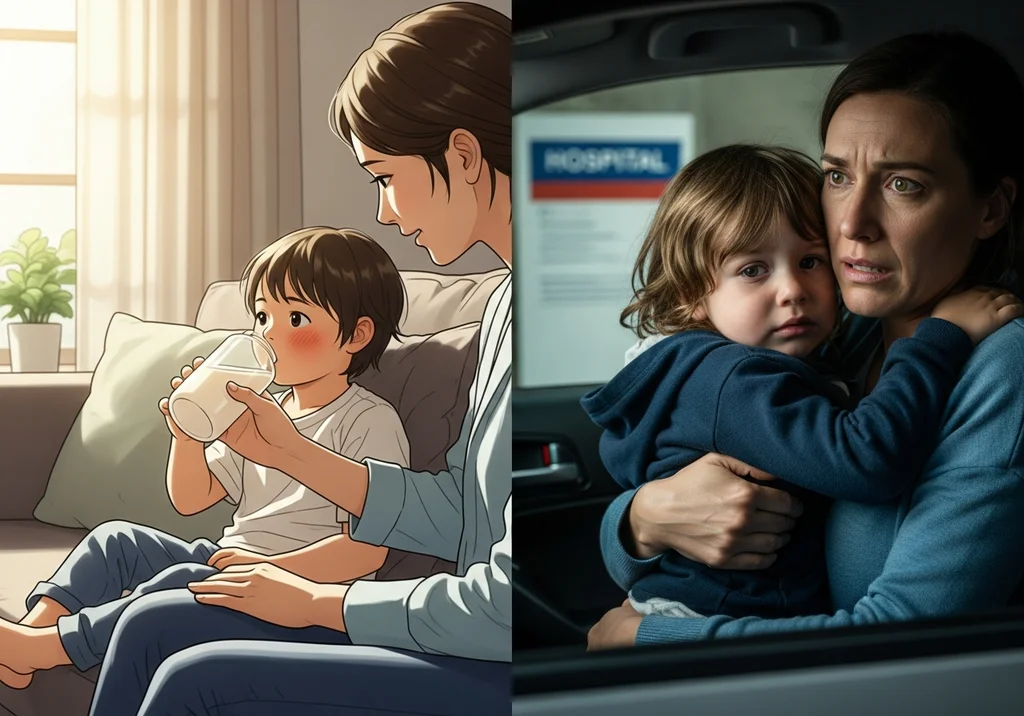 Zestawienie: mama podająca dziecku picie w domu oraz zatroskana mama z dzieckiem w samochodzie przed szpitalem.