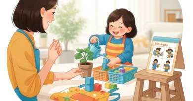 Mama z uśmiechniętą córką wspólnie wykonujące domowe zadania, co buduje samodzielność i pewność siebie dziecka.