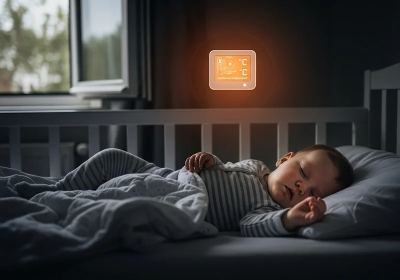 Niemowlę śpiące w łóżeczku, nad którym świeci elektroniczny termometr wskazujący temperaturę w pokoju.