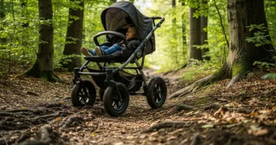 Dziecko w wózku spacerowym o dużych kołach terenowych na nierównej, leśnej ścieżce.