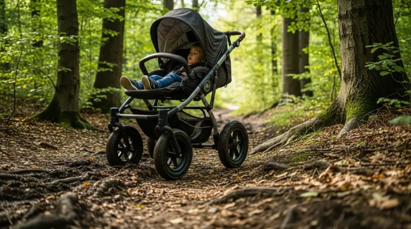 Dziecko w wózku spacerowym o dużych kołach terenowych na nierównej, leśnej ścieżce.