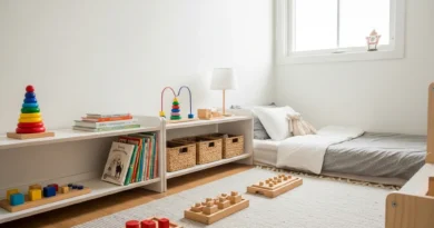 Niski regał z dostępnymi zabawkami edukacyjnymi, książkami i matą z pomocami Montessori w jasnym dziecięcym pokoju.