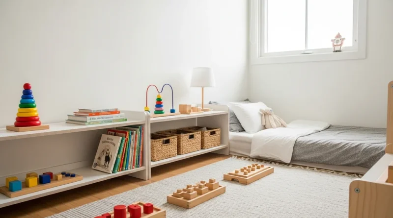 Niski regał z dostępnymi zabawkami edukacyjnymi, książkami i matą z pomocami Montessori w jasnym dziecięcym pokoju.