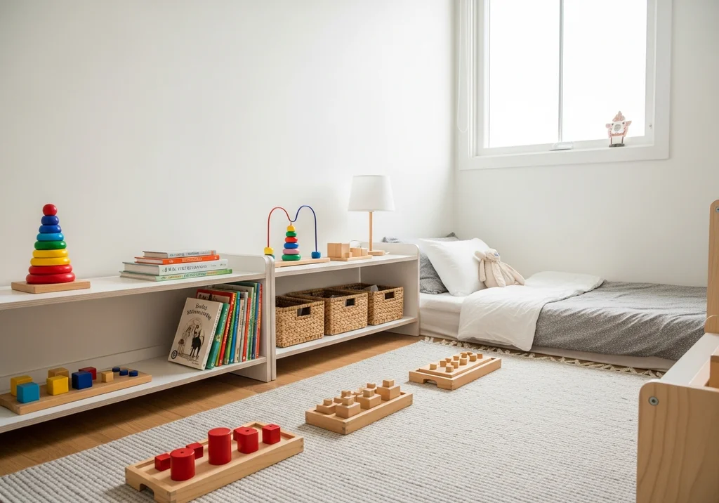Niski regał z dostępnymi zabawkami edukacyjnymi, książkami i matą z pomocami Montessori w jasnym dziecięcym pokoju.