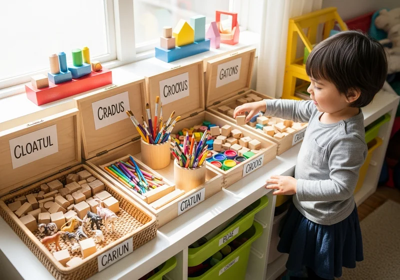 Dziecko odkłada klocek do odpowiednio oznakowanego pojemnika w uporządkowanym pokoju w stylu Montessori.