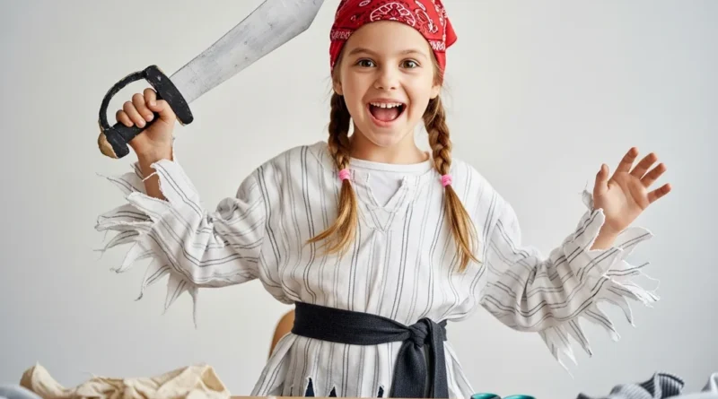Dziewczynka w pirackim stroju DIY, z czerwoną chustką i tekturową szablą, radośnie pozuje przy stole z akcesoriami do szycia.