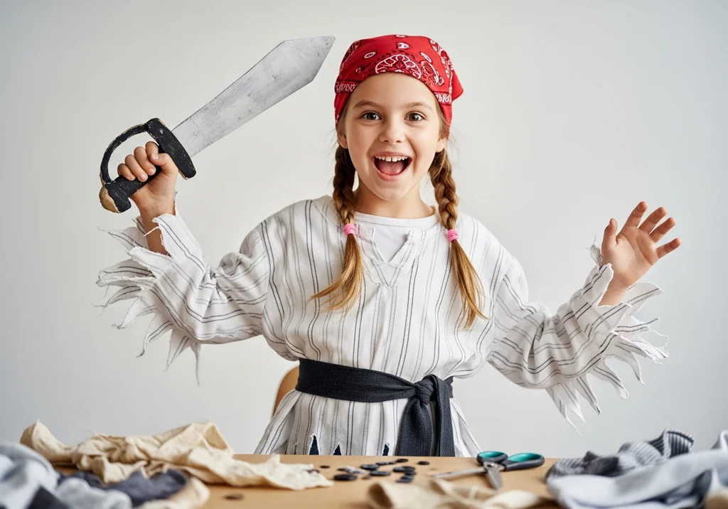 Dziewczynka w pirackim stroju DIY, z czerwoną chustką i tekturową szablą, radośnie pozuje przy stole z akcesoriami do szycia.