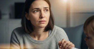 Zatroskana kobieta trzymająca za rękę dziecko, symbolizująca emocjonalne wyczerpanie i potrzebę odzyskania równowagi.