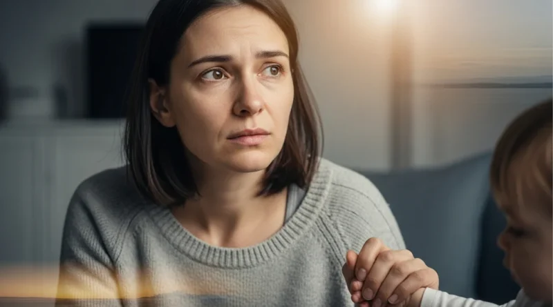 Zatroskana kobieta trzymająca za rękę dziecko, symbolizująca emocjonalne wyczerpanie i potrzebę odzyskania równowagi.