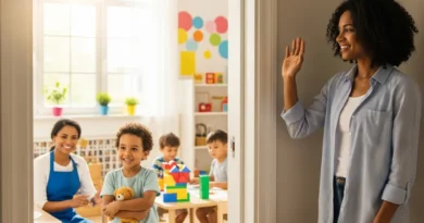 Kobieta żegnająca się z uśmiechniętym dzieckiem przytulającym pluszaka w przedszkolu, gdzie nauczycielka wspiera grupę.