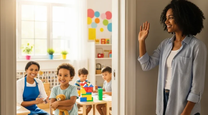 Kobieta żegnająca się z uśmiechniętym dzieckiem przytulającym pluszaka w przedszkolu, gdzie nauczycielka wspiera grupę.