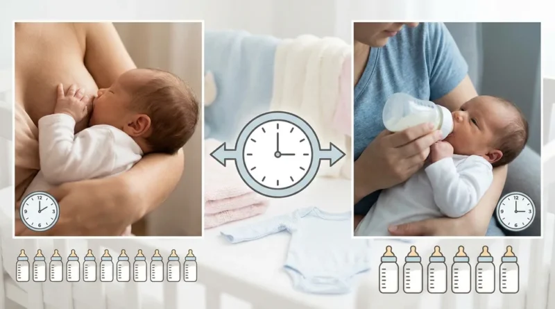 Porównanie karmienia piersią (co 2h, 12 razy na dobę) i butelką (co 3h, 6 razy na dobę) na tle zegara.