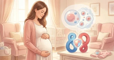 Kobieta w ciąży i grafika ilustrująca konflikt serologiczny: ujemne krwinki matki i dodatnie dziecka oddzielone tarczą.