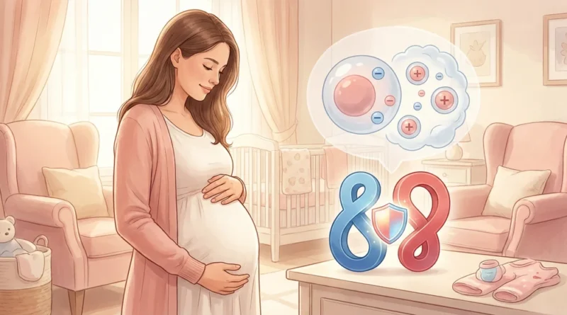 Kobieta w ciąży i grafika ilustrująca konflikt serologiczny: ujemne krwinki matki i dodatnie dziecka oddzielone tarczą.