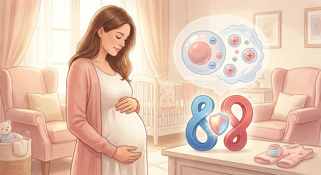 Kobieta w ciąży i grafika ilustrująca konflikt serologiczny: ujemne krwinki matki i dodatnie dziecka oddzielone tarczą.