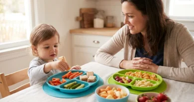 Uśmiechnięta mama patrzy na małe dziecko, które samodzielnie sięga po pokrojone warzywa z kolorowego talerza z przegródkami.