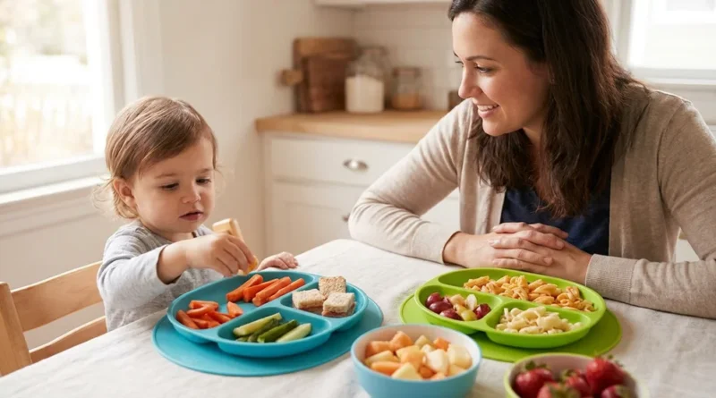 Uśmiechnięta mama patrzy na małe dziecko, które samodzielnie sięga po pokrojone warzywa z kolorowego talerza z przegródkami.