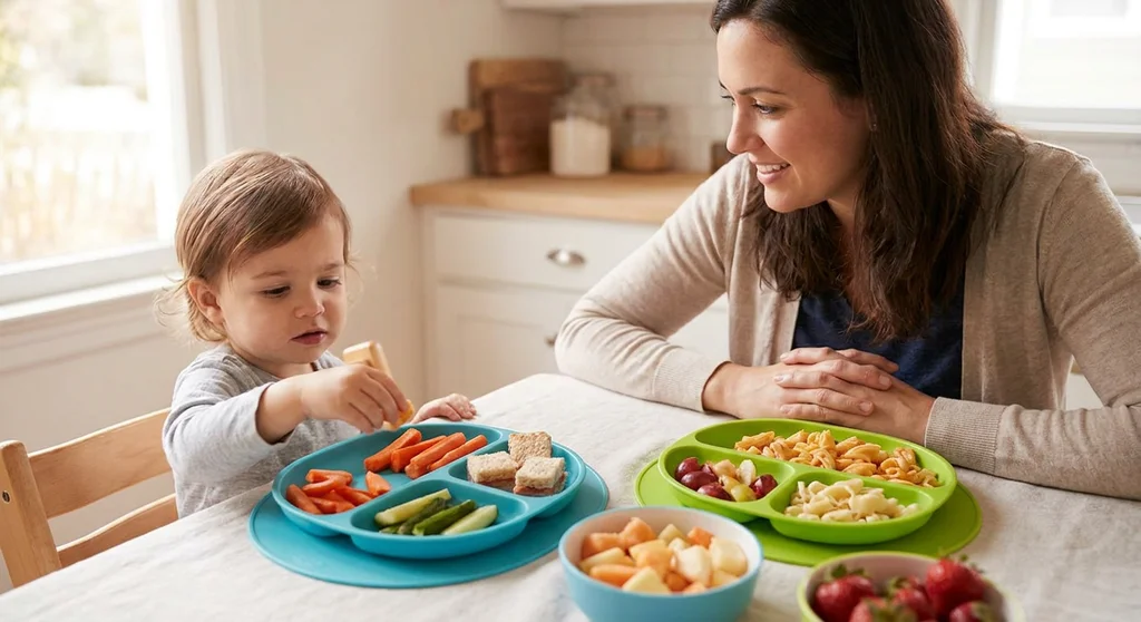 Uśmiechnięta mama patrzy na małe dziecko, które samodzielnie sięga po pokrojone warzywa z kolorowego talerza z przegródkami.