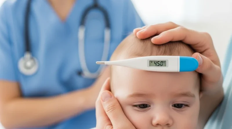 Opiekun mierzy temperaturę niemowlęciu za pomocą termometru elektronicznego przykładanego do czoła.