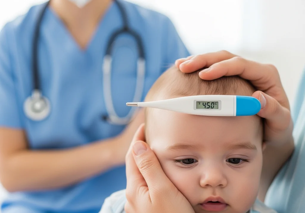 Opiekun mierzy temperaturę niemowlęciu za pomocą termometru elektronicznego przykładanego do czoła.