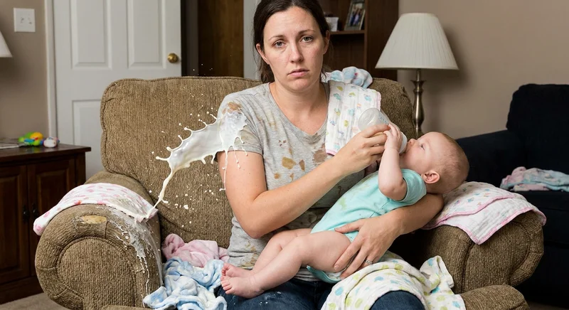 Zmęczona mama karmi niemowlę butelką, podczas gdy z boku tryska wielka fontanna mleka, plamiąc fotel i jej ubranie.