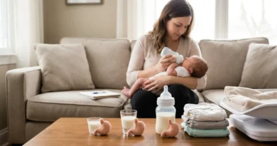 Mama karmiąca noworodka butelką. Na stole przed nią stoją małe naczynia z mlekiem i makiety żołądków różnej wielkości.