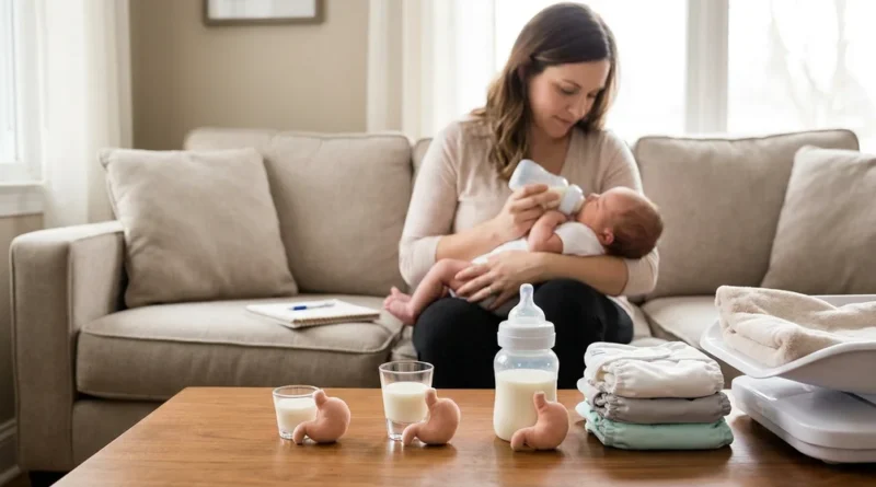 Mama karmiąca noworodka butelką. Na stole przed nią stoją małe naczynia z mlekiem i makiety żołądków różnej wielkości.