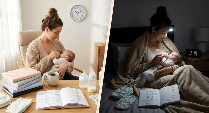 Kolaż: po lewej mama karmi piersią w dzień przy biurku, po prawej karmi butelką w nocy w łóżku z latarką czołową.