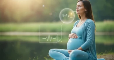 Ciężarna kobieta w niebieskim stroju medytuje nad wodą, korzystając z technik oddechowych wspomagających redukcję lęku.