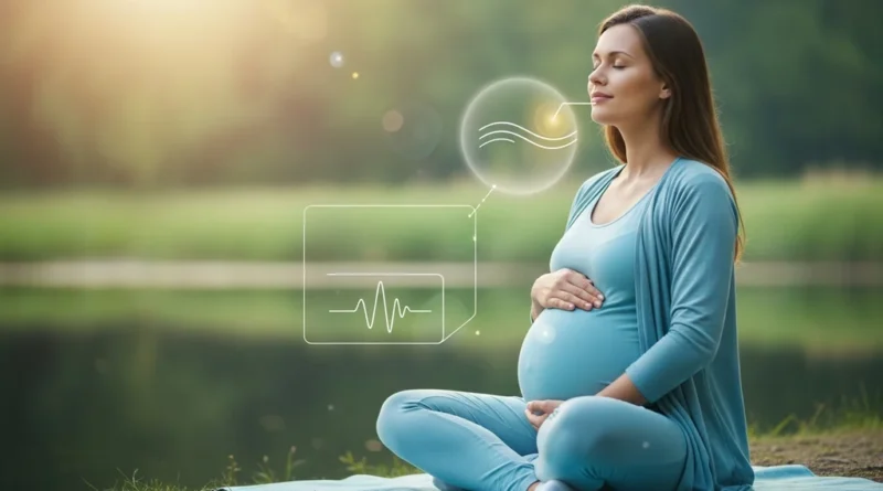 Ciężarna kobieta w niebieskim stroju medytuje nad wodą, korzystając z technik oddechowych wspomagających redukcję lęku.