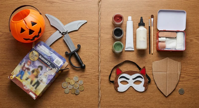 Porównanie kupnych zabawek (pękniętego wiadra, miecza i zestawu) z domowymi akcesoriami do DIY (farbami, maską, tarczą).