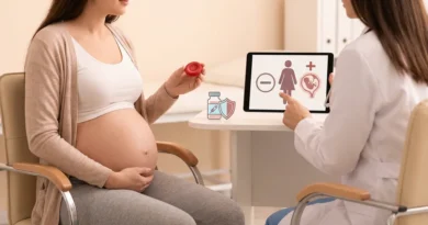 Lekarka pokazuje ciężarnej kobiecie na tablecie grafikę ilustrującą konflikt serologiczny Rh- u matki i Rh+ u płodu.
