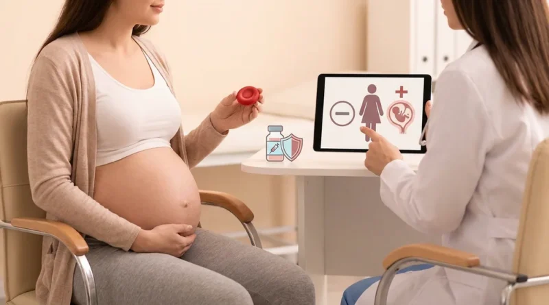 Lekarka pokazuje ciężarnej kobiecie na tablecie grafikę ilustrującą konflikt serologiczny Rh- u matki i Rh+ u płodu.