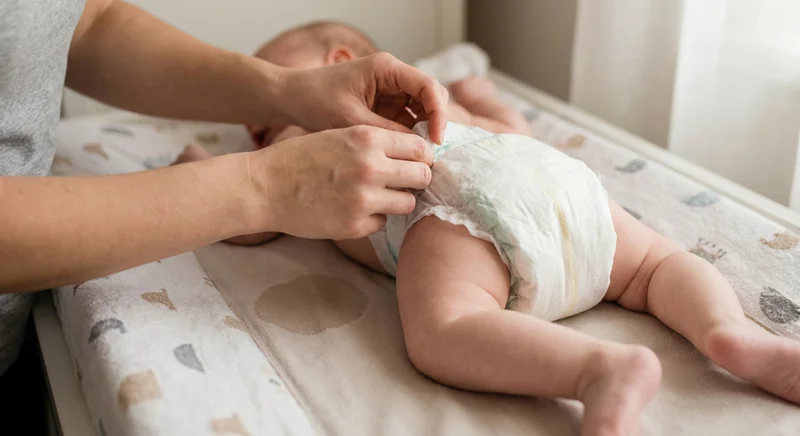 Osoba poprawiająca dopasowanie pieluszki leżącego na brzuchu niemowlęcia, na którego przewijaku widać mokrą plamę.
