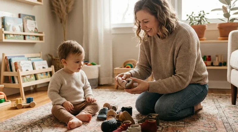 Uśmiechnięta mama pokazuje siedzącemu na dywanie dziecku elastyczność małego buta, zginając jego podeszwę w dłoniach.