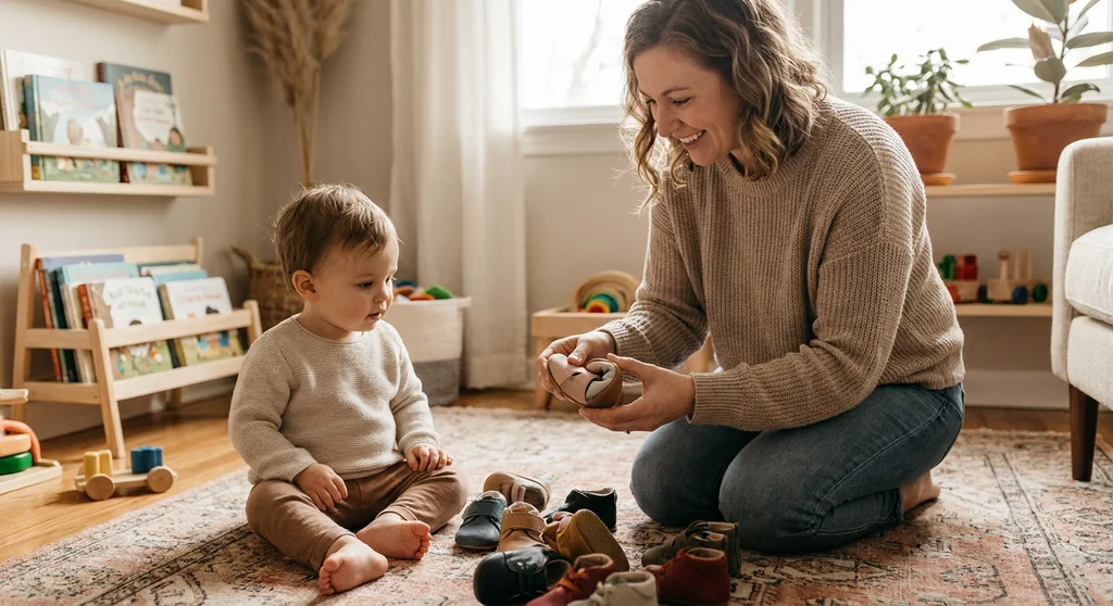 Uśmiechnięta mama pokazuje siedzącemu na dywanie dziecku elastyczność małego buta, zginając jego podeszwę w dłoniach.