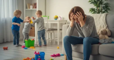 Zmęczona kobieta siedzi na kanapie, trzymając głowę w dłoniach, podczas gdy w tle troje dzieci bawi się w zagraconym pokoju.