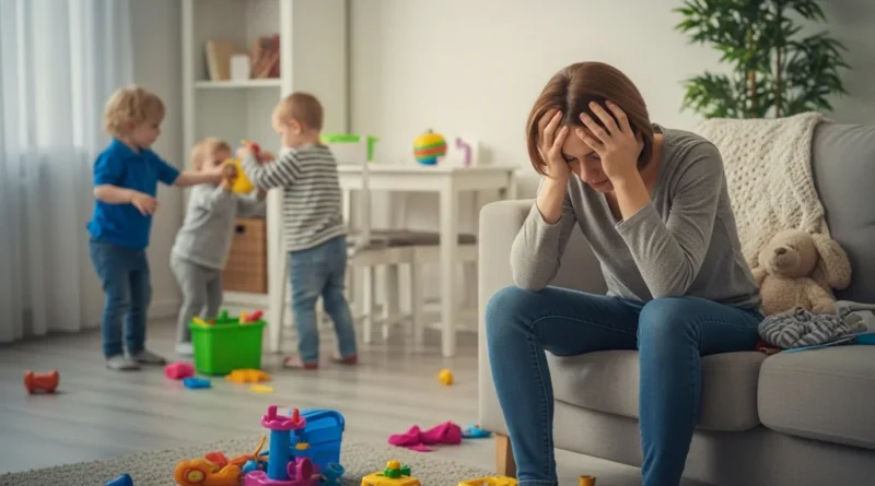 Zmęczona kobieta siedzi na kanapie, trzymając głowę w dłoniach, podczas gdy w tle troje dzieci bawi się w zagraconym pokoju.