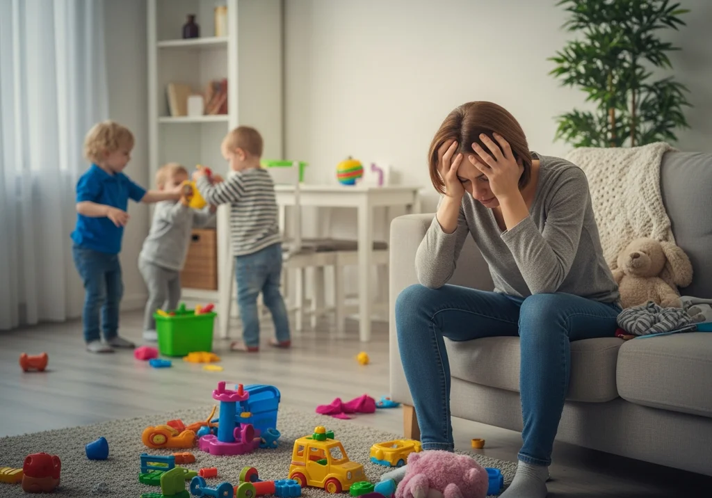 Zmęczona kobieta siedzi na kanapie, trzymając głowę w dłoniach, podczas gdy w tle troje dzieci bawi się w zagraconym pokoju.