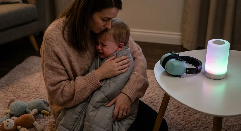Kobieta tuli płaczące dziecko owinięte kołdrą obciążeniową. Obok na stoliku leżą słuchawki wygłuszające i lampka.