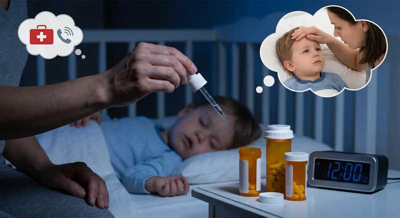 Ręka rodzica z zakraplaczem nad śpiącym dzieckiem w nocy, obok buteleczki z lekami i zegar wskazujący północ.